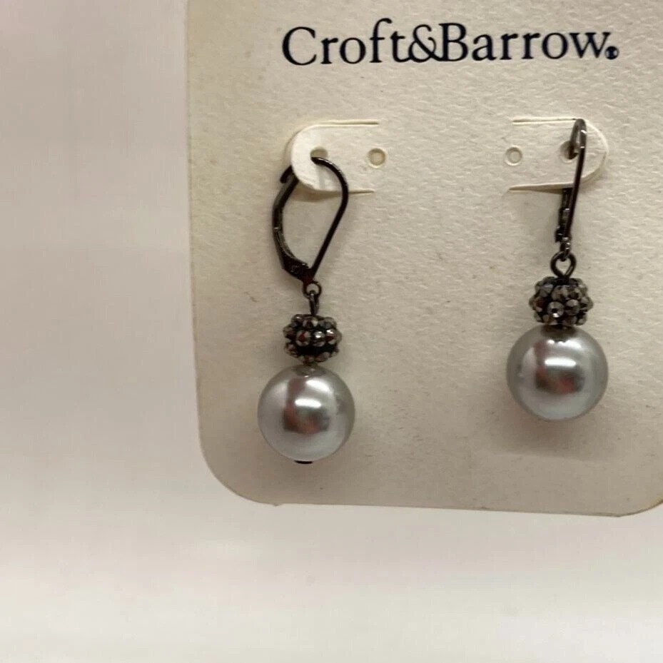 Croft & Barrow Gray Faux Pearl Leverback Drop Earrings Gunmetal Tone Nwt